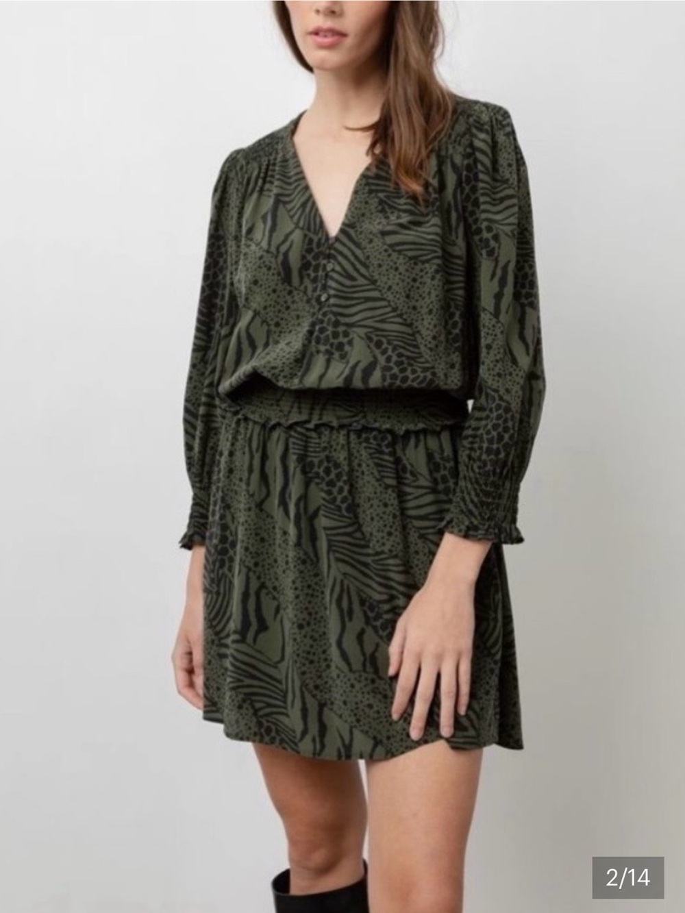 RAILS Zana Mini Dress Olive Mixed Animal Stripe Print Flounce Dress Sz S